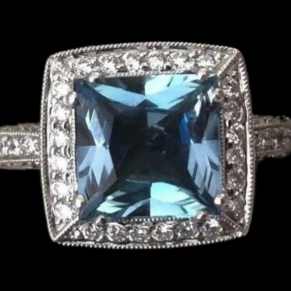 Designer SIMON G ~ .88 TCW Diamond and 8MM Aquamarine Ring in 18K White Gold - Picture 10 of 15